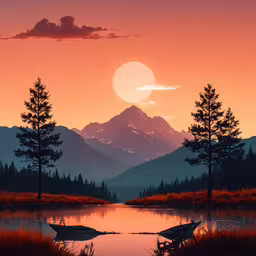 a pink sunset on a mountain top over a lake,a painting of a mountain range with trees reflecting on water and a boat in the foreground