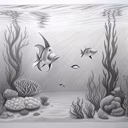 a drawing of sea life with a fish