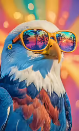 a colorful blue and white eagle wearing yellow sunglasses