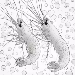 two shrimp are swimming in water, with bubbles around