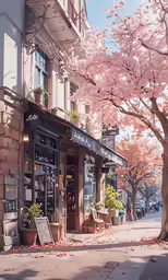 a small restaurant with pink cherry blossom trees in the background