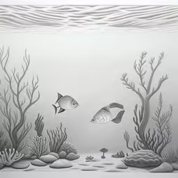 a pencil drawing of two fish in a body of water surrounded by algaes and rocks,two fish swim through an aquarium filled with algae,a drawing of an underwater scene with fish,drawing of a coral reef, two fish, seaweed and seaweed,pencil drawing of a marine with fishes and sea life