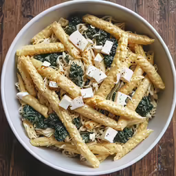 a pasta dish with spinach, cheese and parmesan cheese