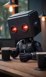 a robot sitting next to a cup of coffee