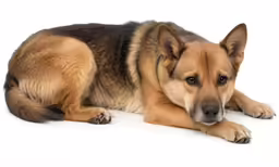 a dog laying down on a white surface