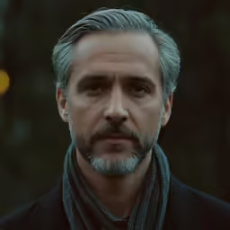 a male in a black coat with grey hair and a gray scarf