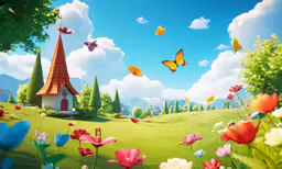 there is a beautiful field with butterflies flying over it