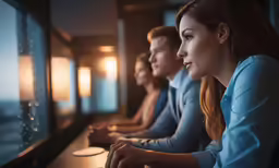 three beautiful women at a desk looking out the window