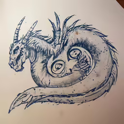a drawing of a dragon with a demon - like design on it