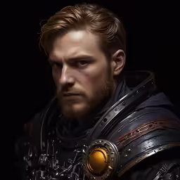 a man dressed in armor looking down