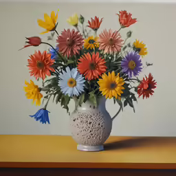 a painting of colorful flowers in a white vase on a brown table