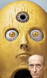 a man is standing next to a huge statue of a head