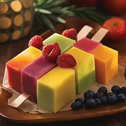 several multicolored bars of fruit on a plate