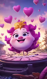 a cartoon character floating over the ground surrounded by hearts