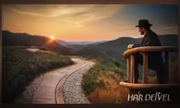 a man sits at a gate and looks towards the sunset