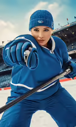a young woman on the ice with a large ski pole