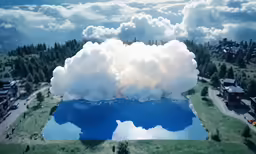 clouds billow out from above a pool of water in a rural setting