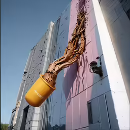 a lamp hanging from a wall of building next to a large building