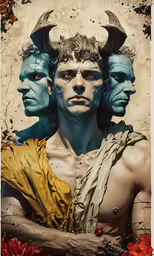 a man is standing in front of two face statues