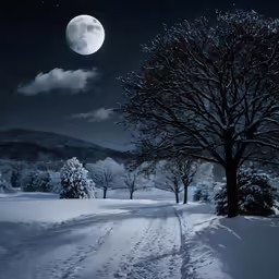 an image of a full moon in the sky above a snowy landscape