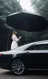 a person is holding an umbrella over their car