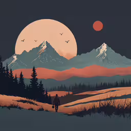 an image of a man walking away in a mountain valley at night,the landscape of a mountainous valley with a man walking on the snow