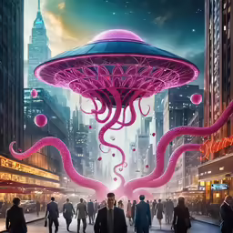 the movie poster for deep space, with people walking and standing around a giant purple jellyfish