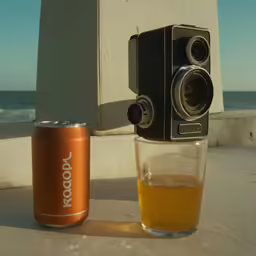 a camera, a can of soda and an orange cup