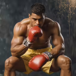 an african american fighter squatting on a dark background with his hands on his hips