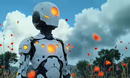 a robot with a glowing light on his face stands in a field of flowers