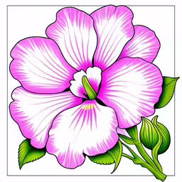 large purple flower with green leaves on it,flower on a sticker on a white background