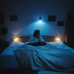 the girl sits on the edge of a bed in the dark and looks down