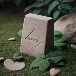 a stone carving with a logo on it laying in a yard