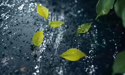 a group of green leaves floating on a surface