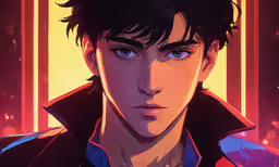 a close - up of a young male with an intense look,the character, from persona wars, has dark hair and blue eyes