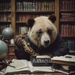 a teddy bear dressed as a person in a coat with a calculator