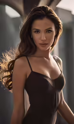 the woman has long brown hair wearing a bra