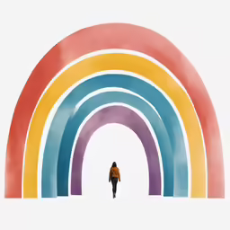 a rainbow with the person walking toward it