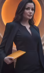 a woman holding an orange folder wearing a black suit
