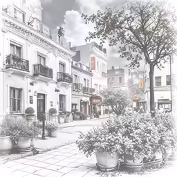 an old fashioned city street is filled with potted plants