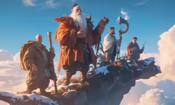 group of gnomes standing on top of an upside down tree branch