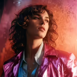 a woman in a shiny red leather jacket