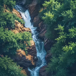 a view of a small mountain stream surrounded by greenery