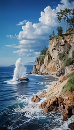 a view of the ocean and coast near a rocky shore