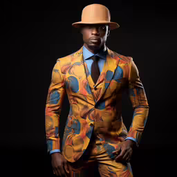 a man in an orange suit with a blue tie,an african american man wearing a suit and hat