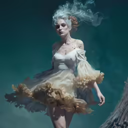 there is a woman dressed up in a dress with feathers