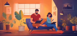 a man sitting on a couch holding a woman reading,a man and woman are sitting on a couch in a room with potted plants