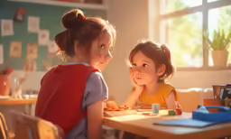 the two young girls are sitting at a table eating some food