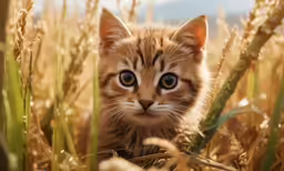 this is a young cat hiding among the wheat stalks