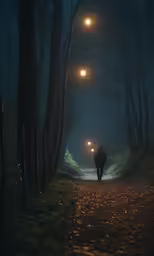 a person walking down a path with two lanterns